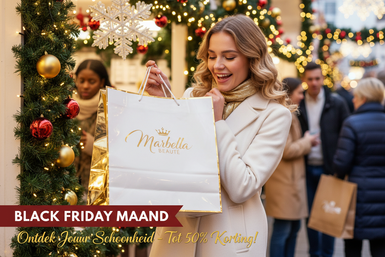 maak een afbeelding van een blanke vrouw die een tas in haar handen heeft waar ze naar kijkt waar Marbella Beauté op staat. zorg dat er op de achtergrond kerstversiering en mensen zijn. zet aan de onderkant of een zijkant Black Friday Maand en een pakkende slogan neer wat mensen aantrekt.